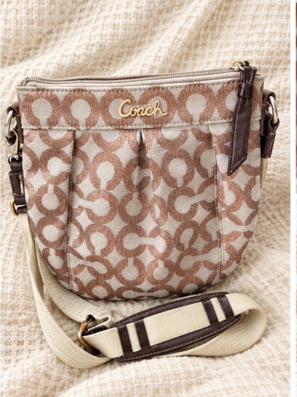 Coach Op Art Rose Gold & Beige Signature Canvas Crossbody Bag